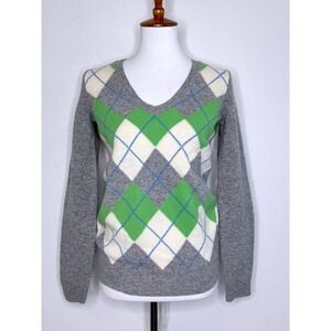 GAP Argyle Womens V-neck Sweater XS Lambswool Gray Green Cream Preppy Academia